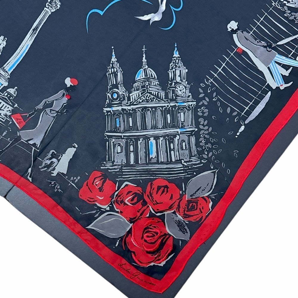 Lulu Guinness Silk Chiffon Scarf London Conture Themed Black Red Sheer 33x33" - Picture 7 of 15